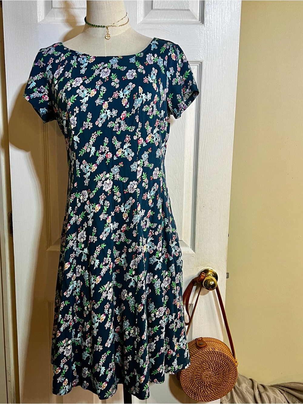 Ella Simone Wms Blue Floral Cotton S/S Pleated Skater Cottagecore Mini Dress S - Picture 2 of 14
